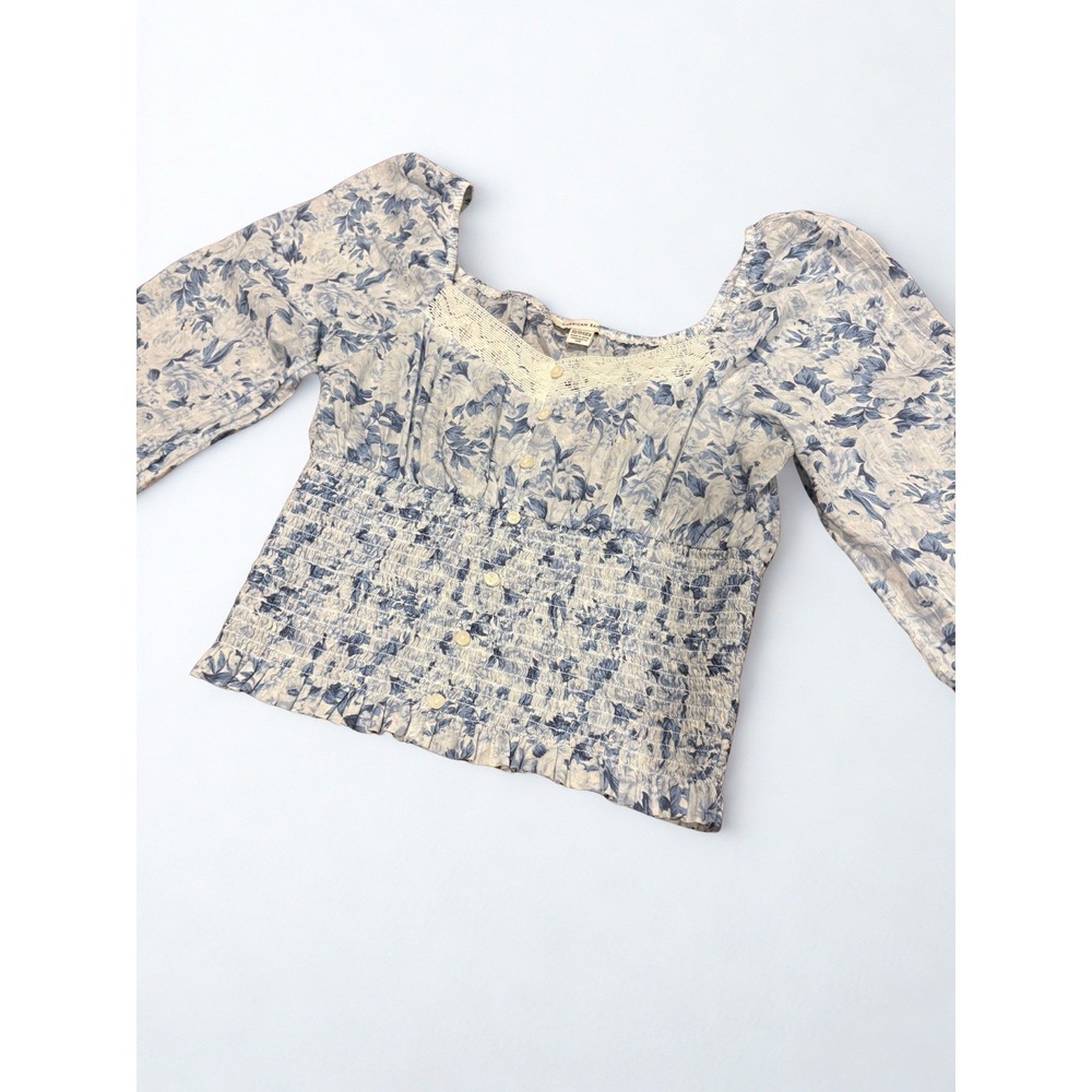 American Eagle Floral Smocked Crop Top Sweetheart Neckline Cottage Coquette XS